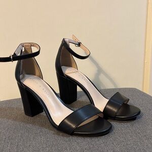 Kelly & Katie Black Block Heel with Gold Buckle Ankle-Strap Sandals
